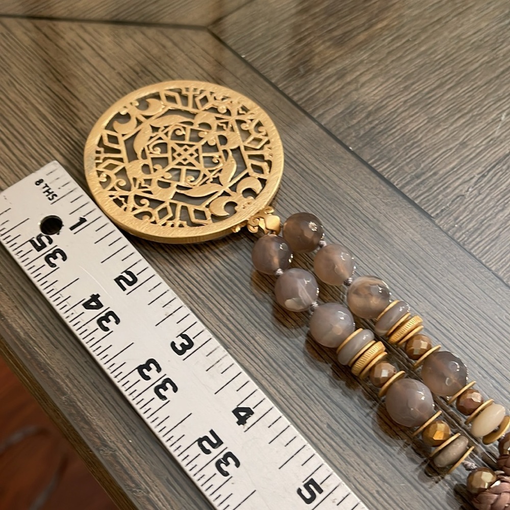 Matte Gold-tone Chain Grey Beads and Large Medallion - Picture 11 of 16